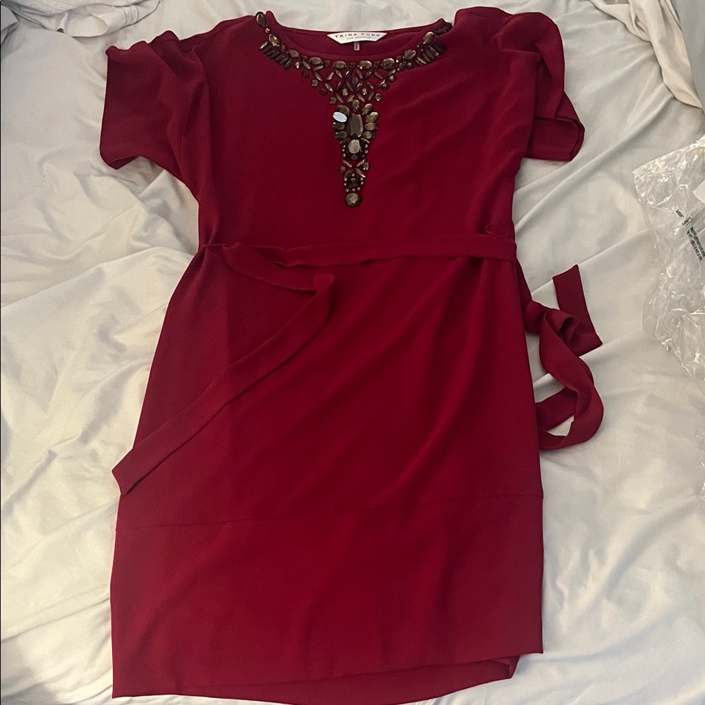 Trina Turk Burgundy Mini Dress with Embellished Neckline